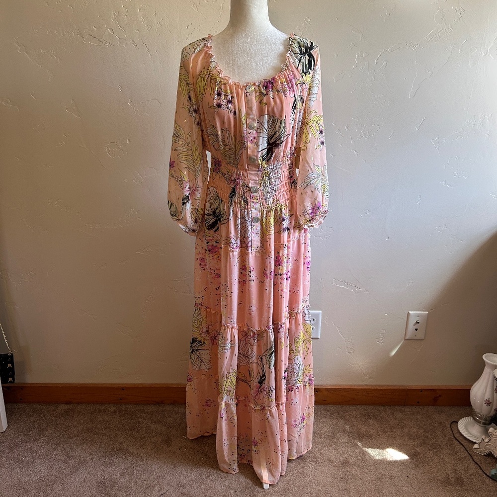 Fig & Flower Long Sleeve Pullover Floral Maxi Dress Lined Skirt Size L